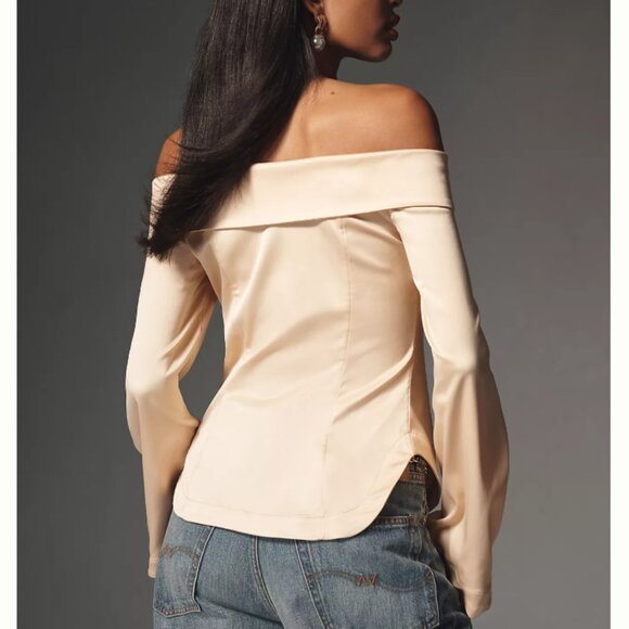 By Anthropologie Off-The-Shoulder Collared Silky Shirt - NWT Size L - Picture 4 of 8